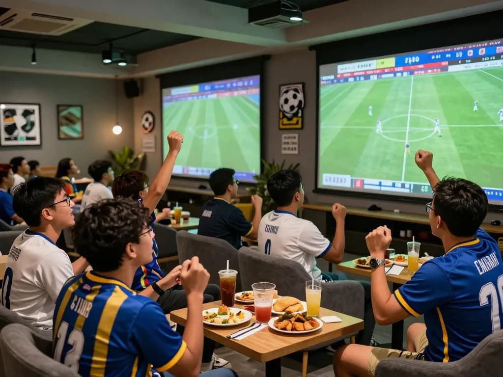 Cà Khịa TV streaming live football in a dynamic lounge setting with enthusiastic fans cheering and engaging.
