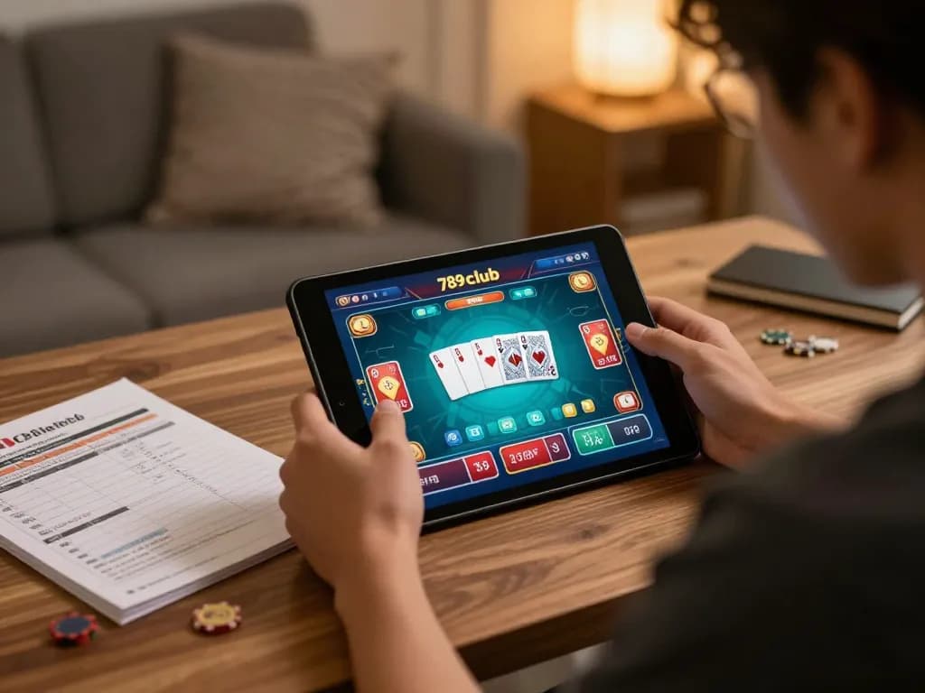 Engaging player enjoying 789club poker game on tablet with strategic notes around.