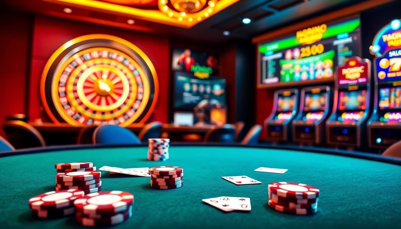 Nohu90 offers a thrilling poker table experience with elegant chips and cards in a vibrant casino.