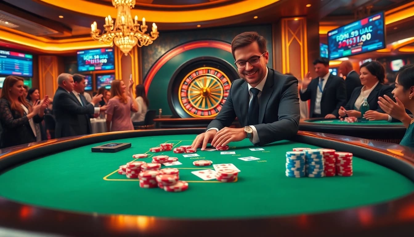 Players enjoying a thrilling game of poker at BL555's vibrant casino table, illustrating luxurious online gambling excitement.