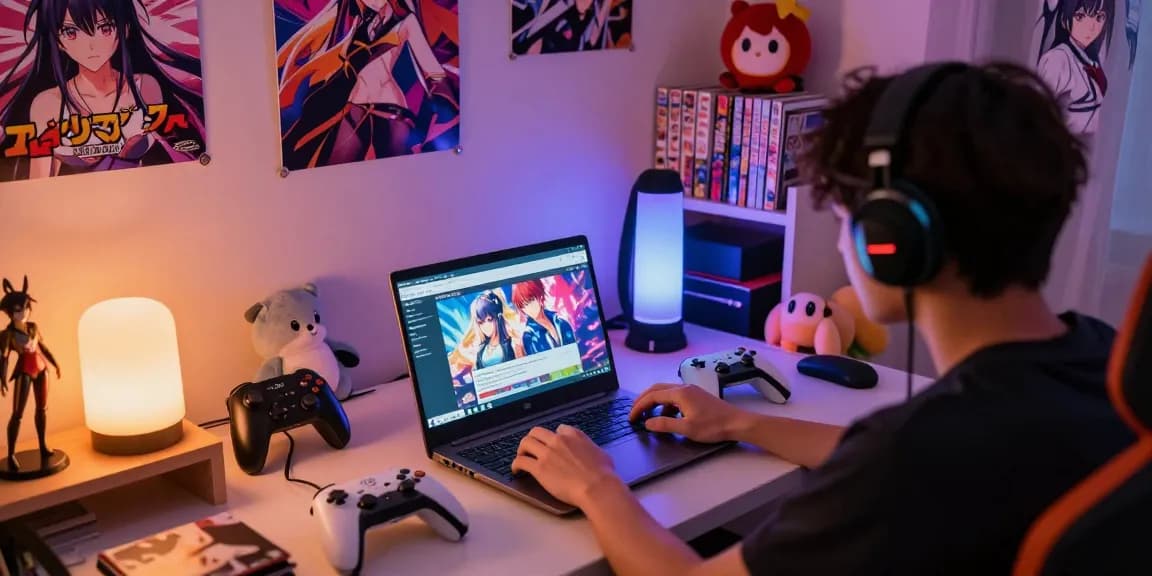 Engaging scene of playing hentai games html in a cozy bedroom with colorful gaming setup.