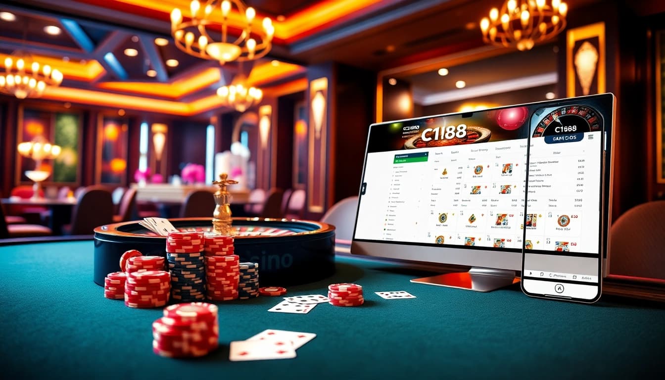 Engaging C168 casino setting with poker chips and a roulette wheel, highlighting gaming excitement.