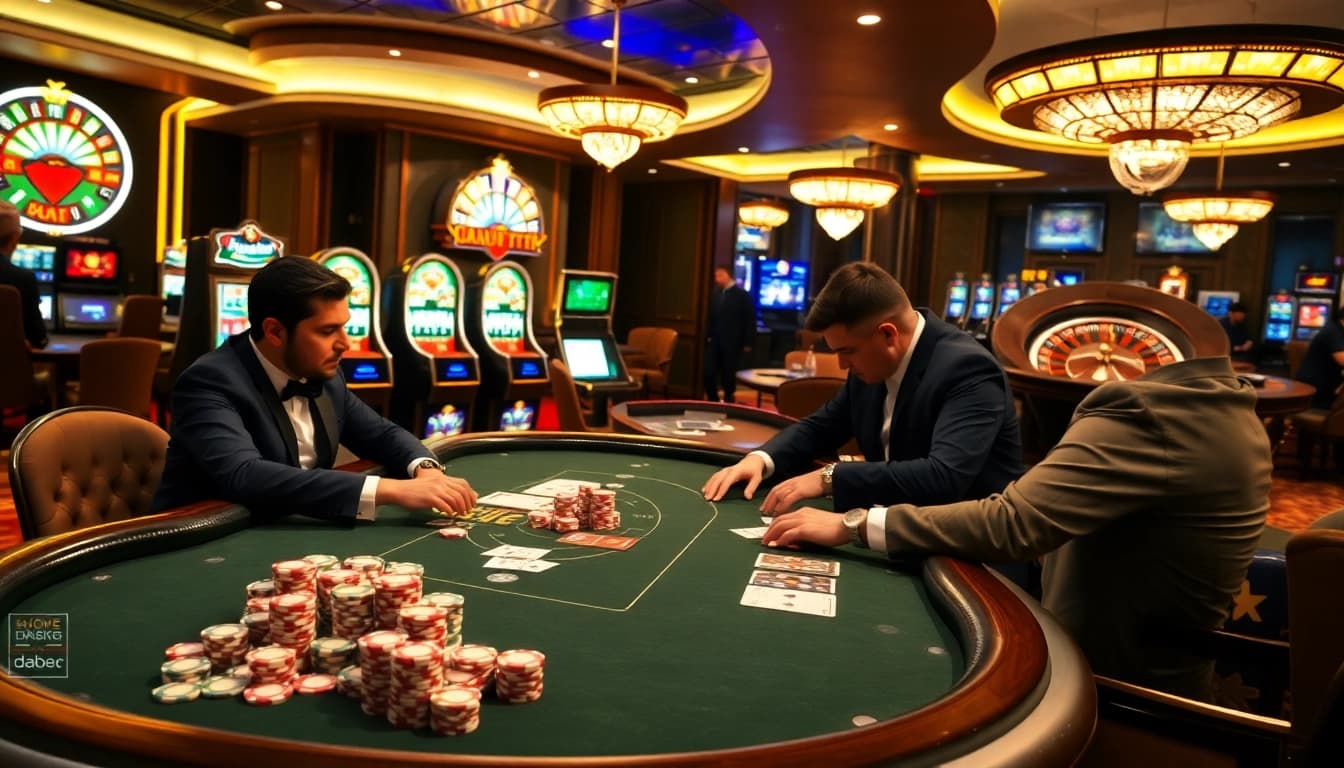 Betting excitement at https://da88.london with a luxurious poker table and vibrant casino atmosphere.