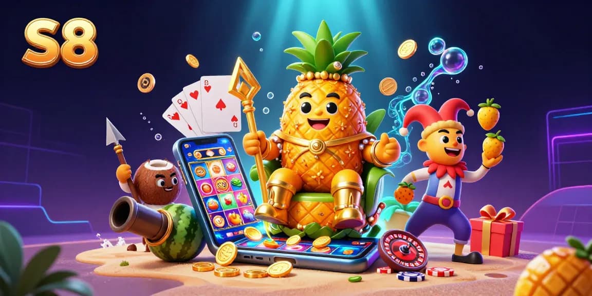 S8 casino scene with a golden pineapple king, coconut guards, and vibrant slot games.