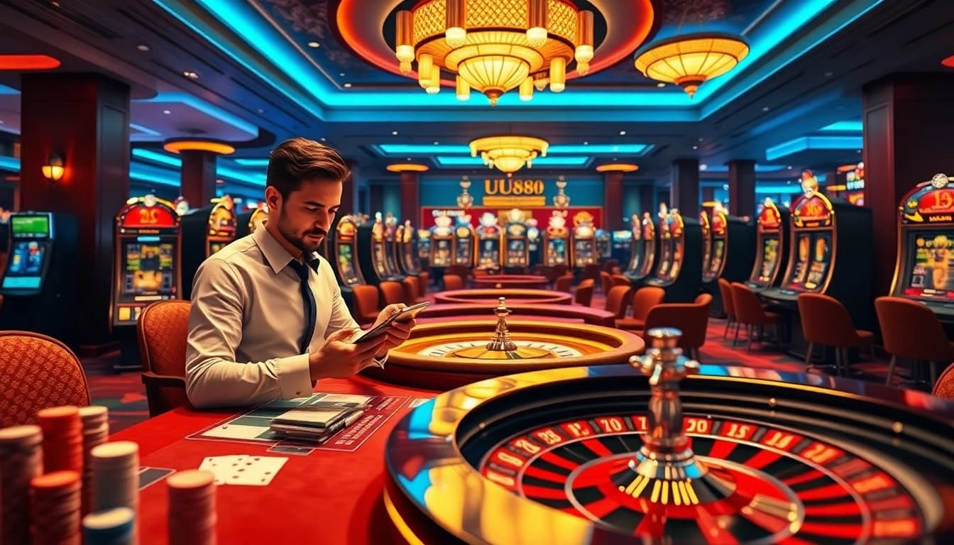 Gambler enjoying UU88 online betting experience at a luxurious casino tabletop.