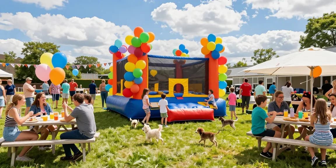 Exciting outdoor party at https://123b.party/ with children enjoying bounce houses, vibrant decorations, and joyful atmosphere.