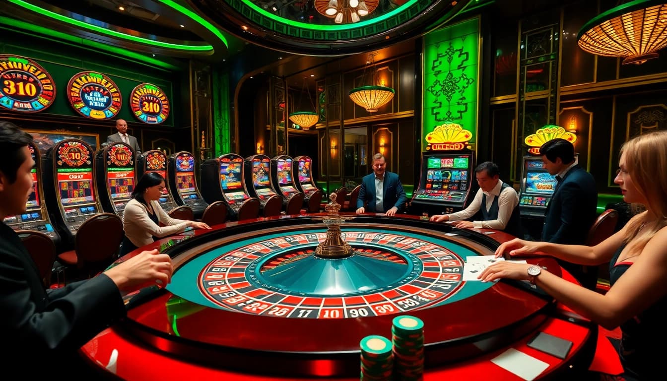 Kèo nhà cái 5 showcases an intense casino scene with roulette and poker action.