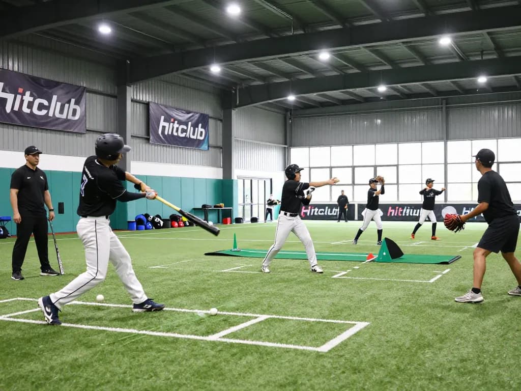 Hitclub baseball training scene with young players practicing drills indoors, showcasing teamwork and skill development.