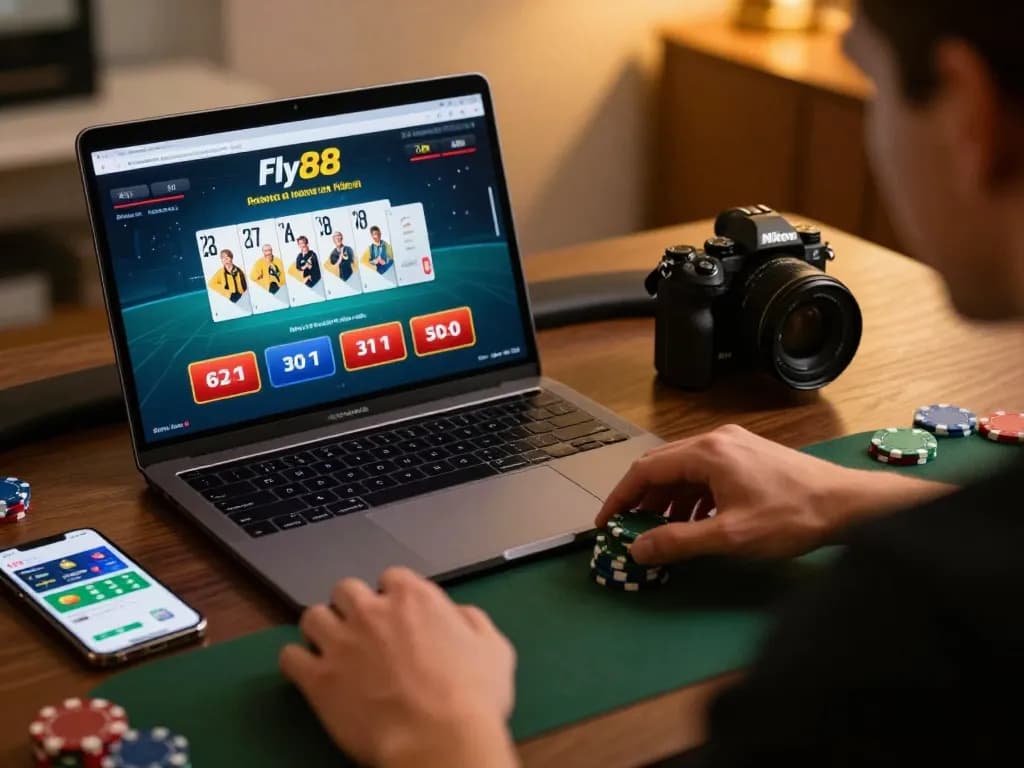 Engaging poker strategy session on Fly88's app with chips placed, emphasizing responsible gambling.