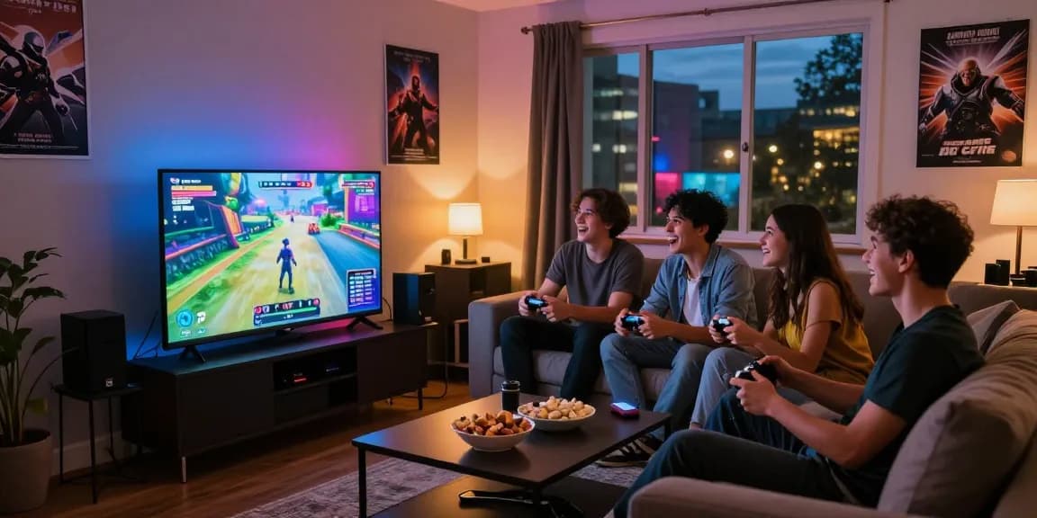 Friends enjoying a gaming night with snacks and controllers in a lively atmosphere, showcasing au88 gaming excitement.