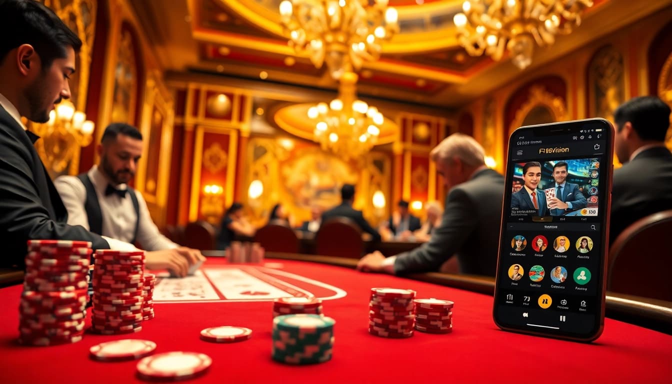 Engaging players at F168.Vision poker table, showcasing chips and cards in an elegant casino setting.