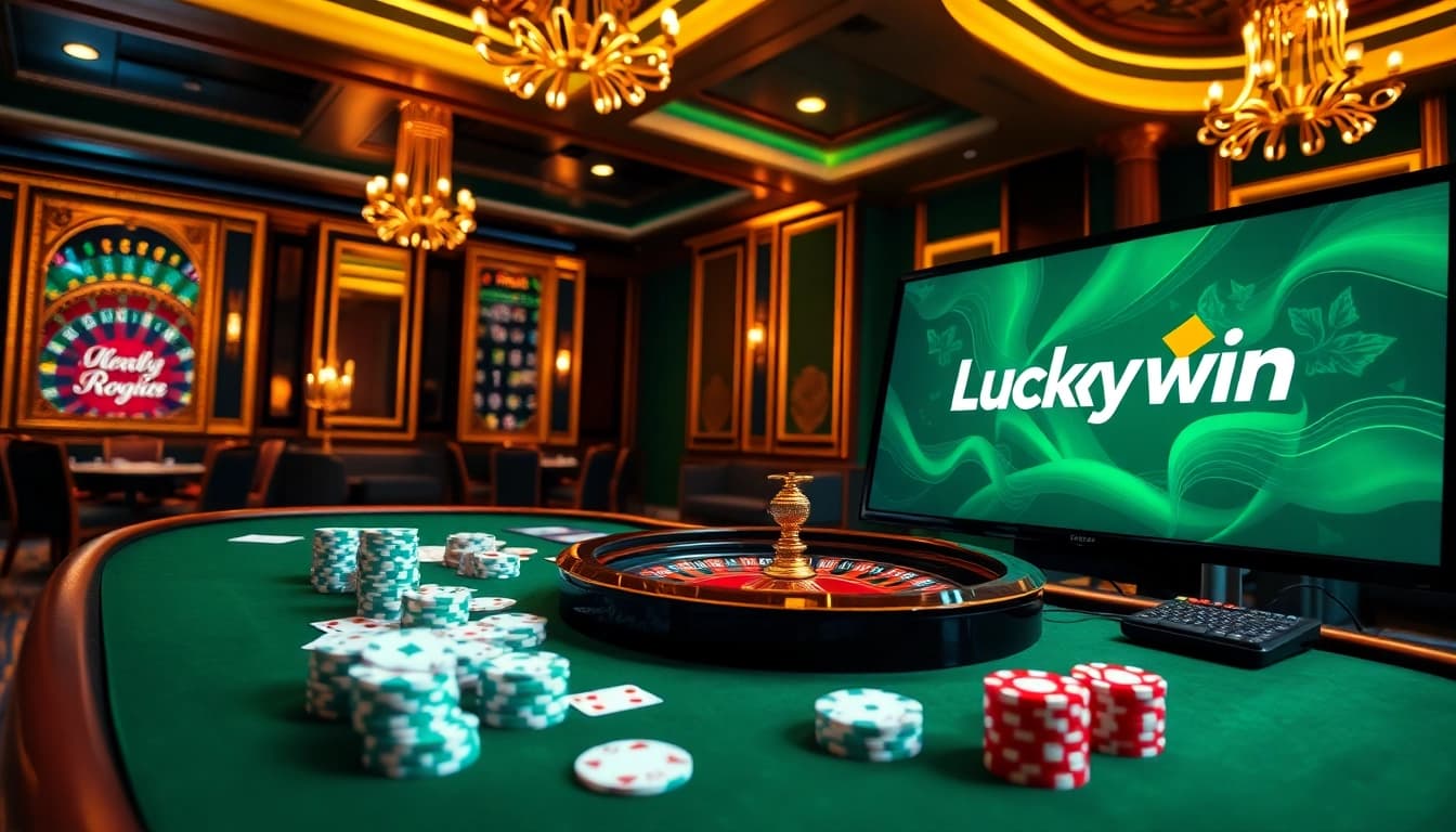 Luckywin casino table with vibrant poker chips, cards, and roulette wheel.