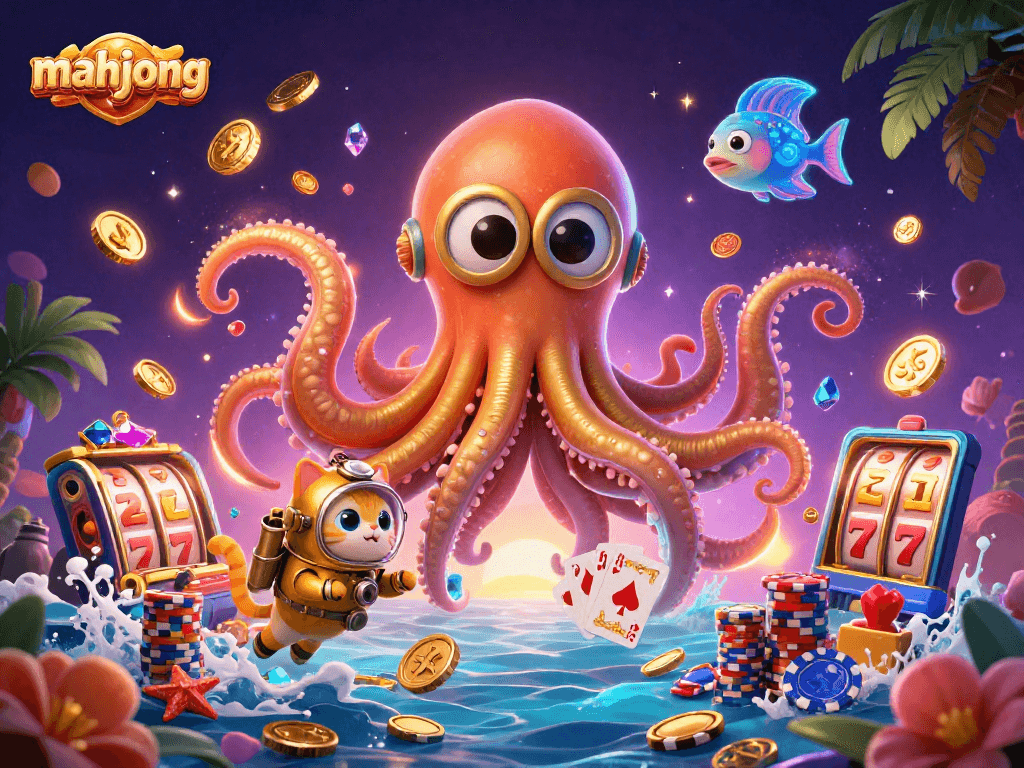 Experience mahjong with a thrilling underwater adventure featuring a kraken, diving cat, and slot machine elements.