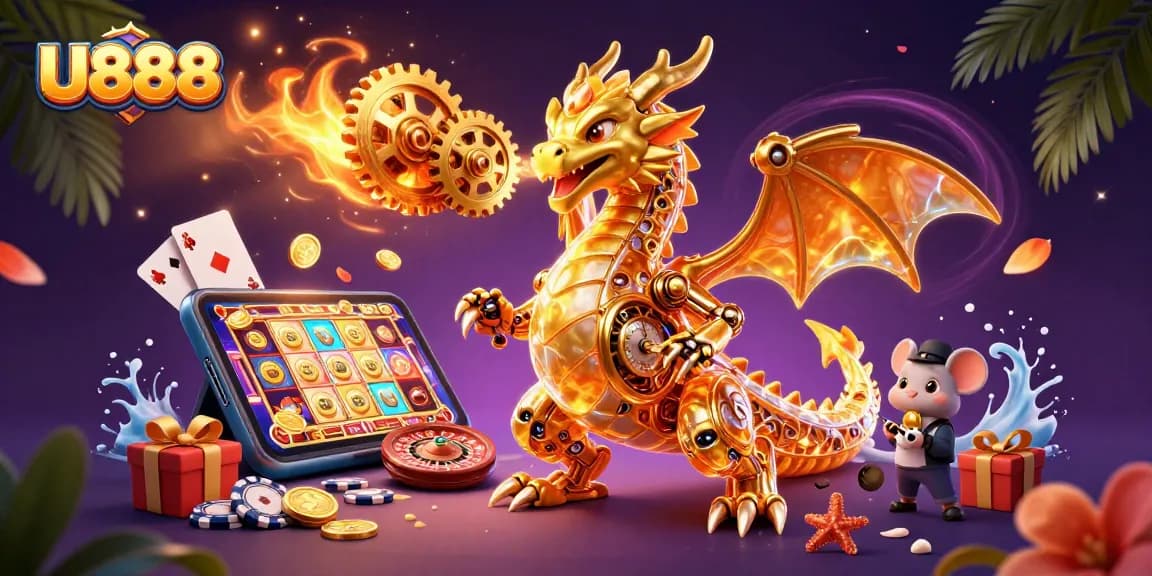 Engage with U888's thrilling golden dragon and casino excitement illustrated vividly.