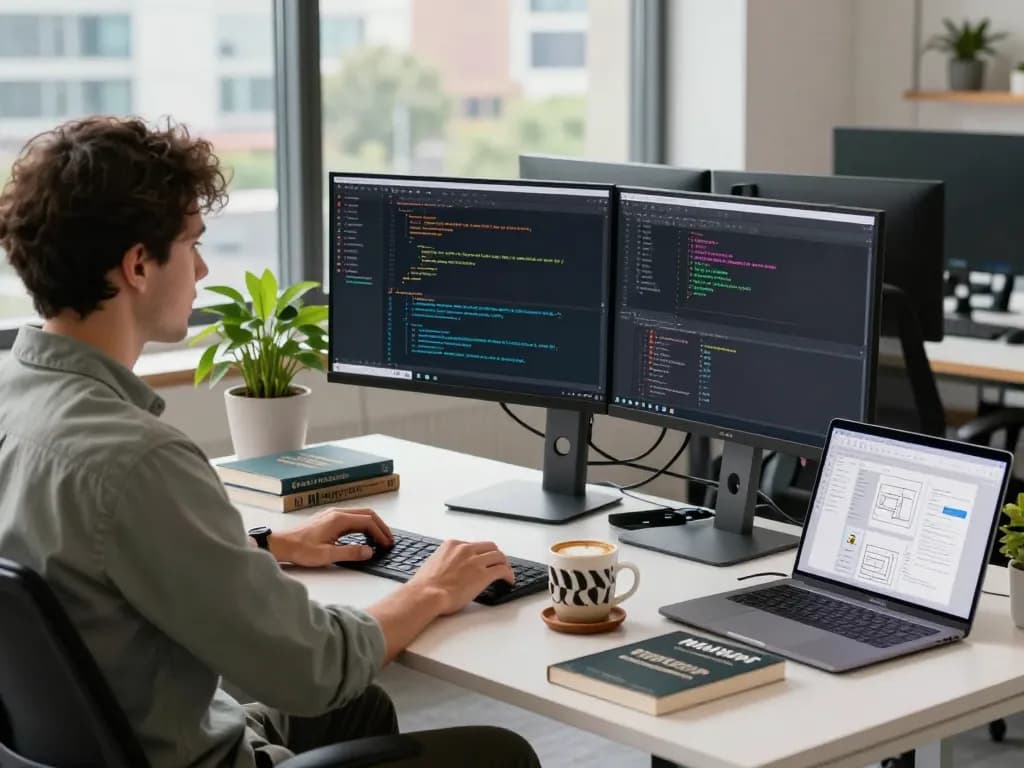 Moltbot personal AI assistant in a modern workspace with dual monitors displaying coding tasks and automation, showcasing developer productivity.