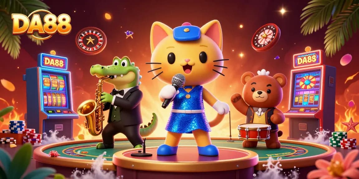 DA88 offers an exciting carnival of colors featuring cartoon characters celebrating casino life with vibrant elements.
