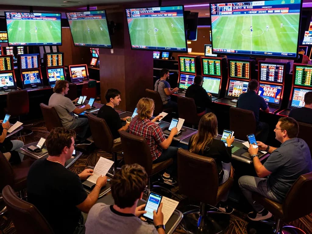 Active bettors enjoying sports betting at https://tx88at.com/ with screens and drinks in a vibrant lounge.