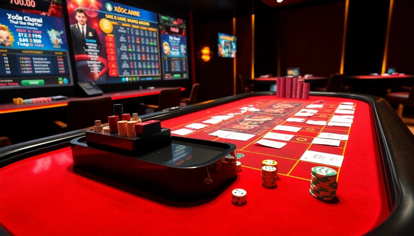 Xóc đĩa online game table displaying vibrant chips and betting slips in a lively casino.