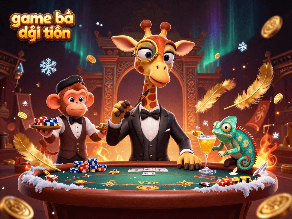 Engage with exhilarating game bài đổi thưởng featuring a giraffe at a VIP poker table.