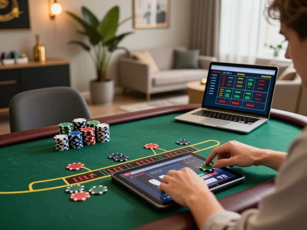 Engaging with live dealer blackjack on a tablet at https://n188.build/ in a stylish home setup, focused on strategic gameplay.