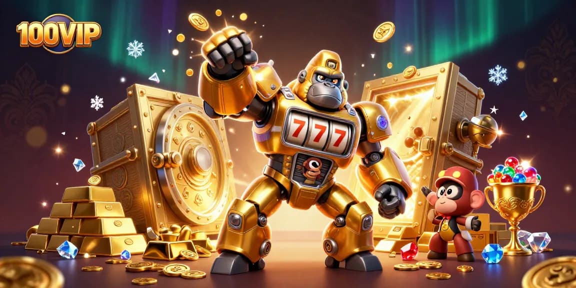 Experience the thrill of 100VIP's exciting gambling scene with a powerful golden mech and treasure elements.