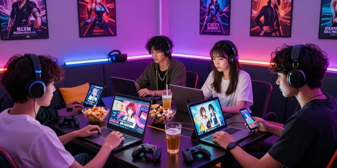 Group enjoying free ecchi games in a lively gaming lounge with vibrant lighting.