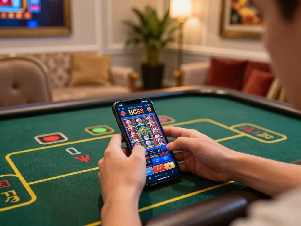Engaged player betting on UG88 mobile app in a chic home casino environment.