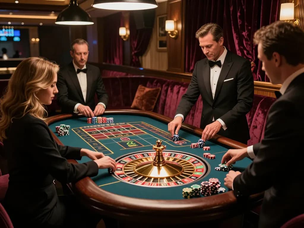 Engaging players at https://tip88.locker/ placing bets at a roulette table in luxurious casino lounge.