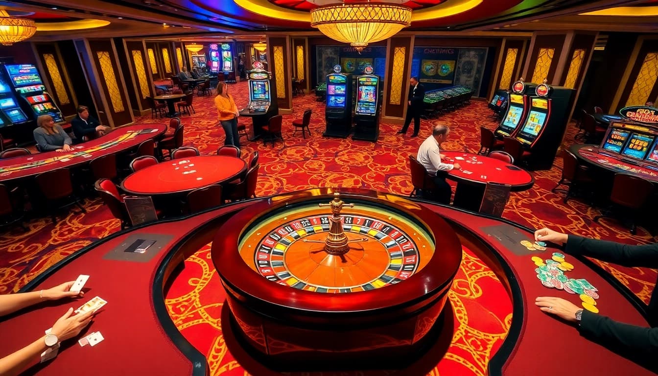 SODO CASINO offers a thrilling experience with players at roulette wheels and tables filled with chips.