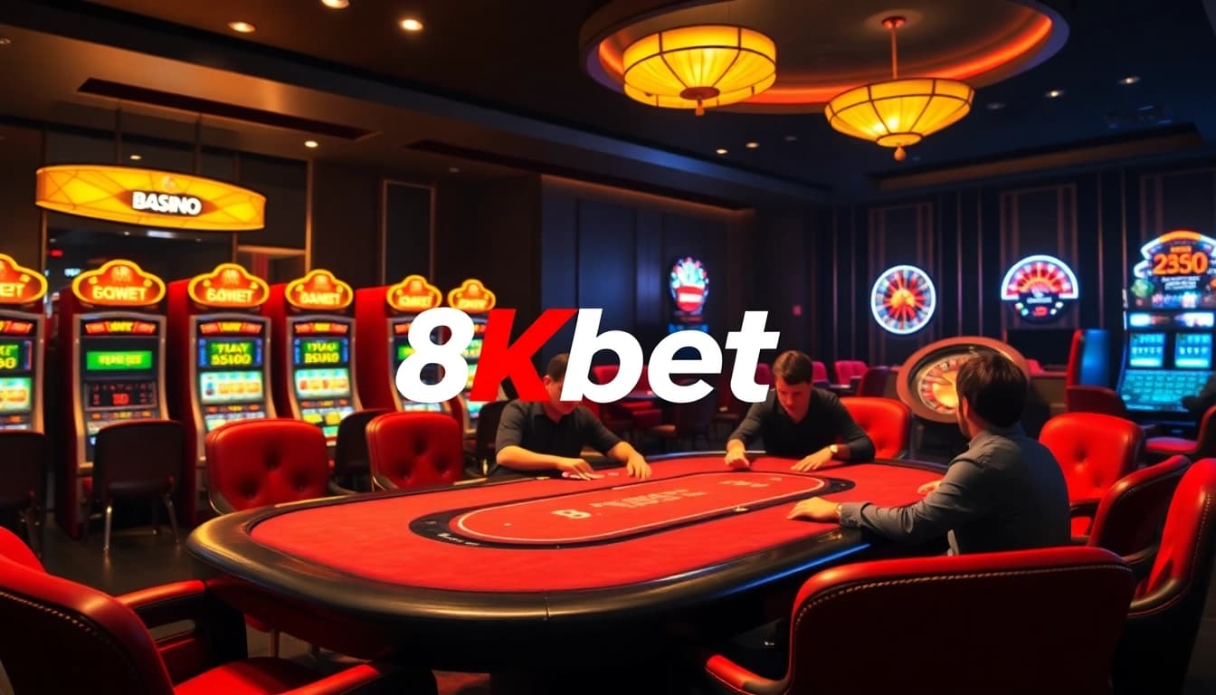 Experience thrilling gameplay at 8kbet with elegant poker tables, vibrant slots, and exciting interactions.