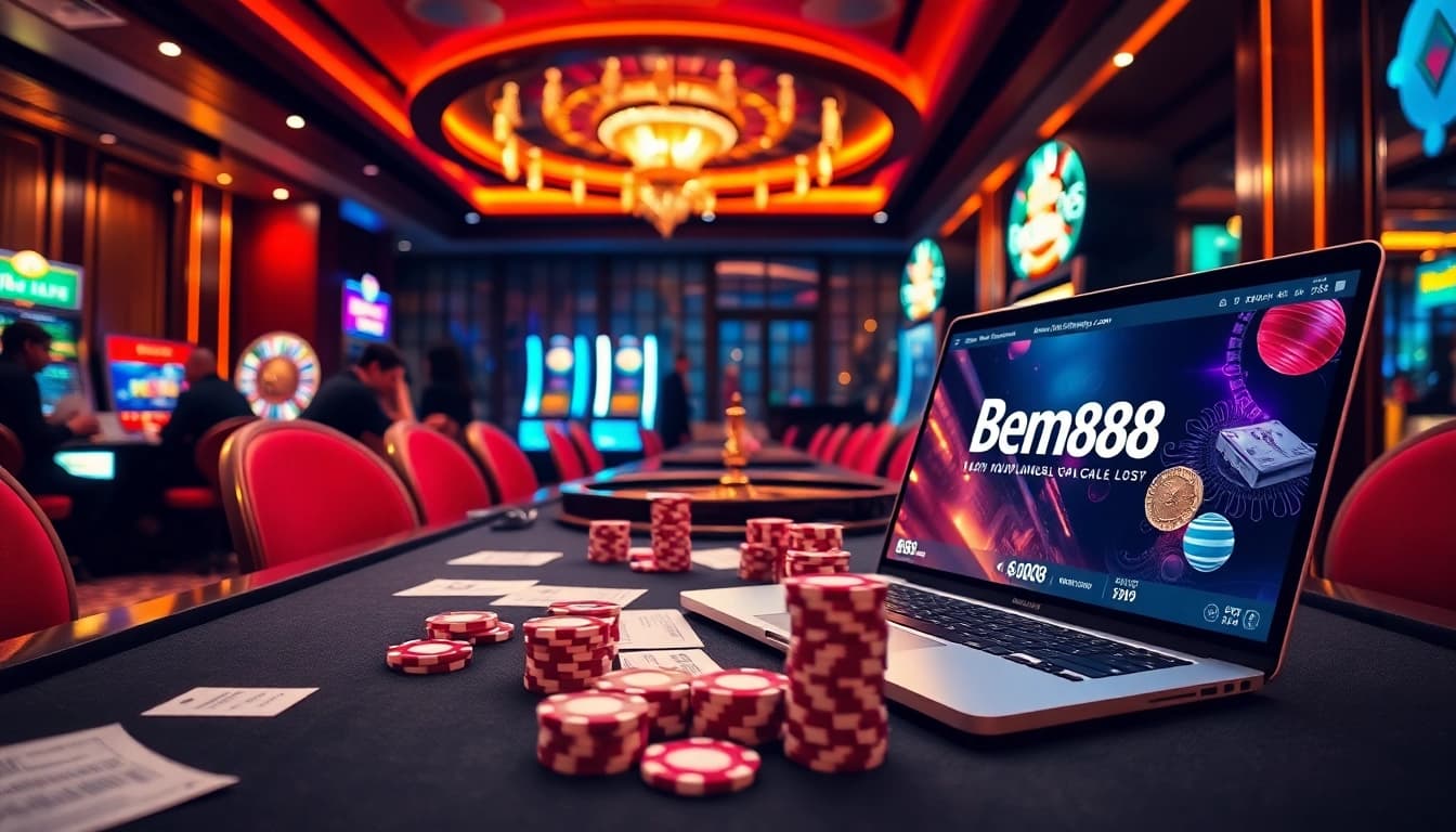 Gambling players strategizing at a luxurious table on https://bem88v.com/, featuring vibrant slot machines and interactive gaming elements.
