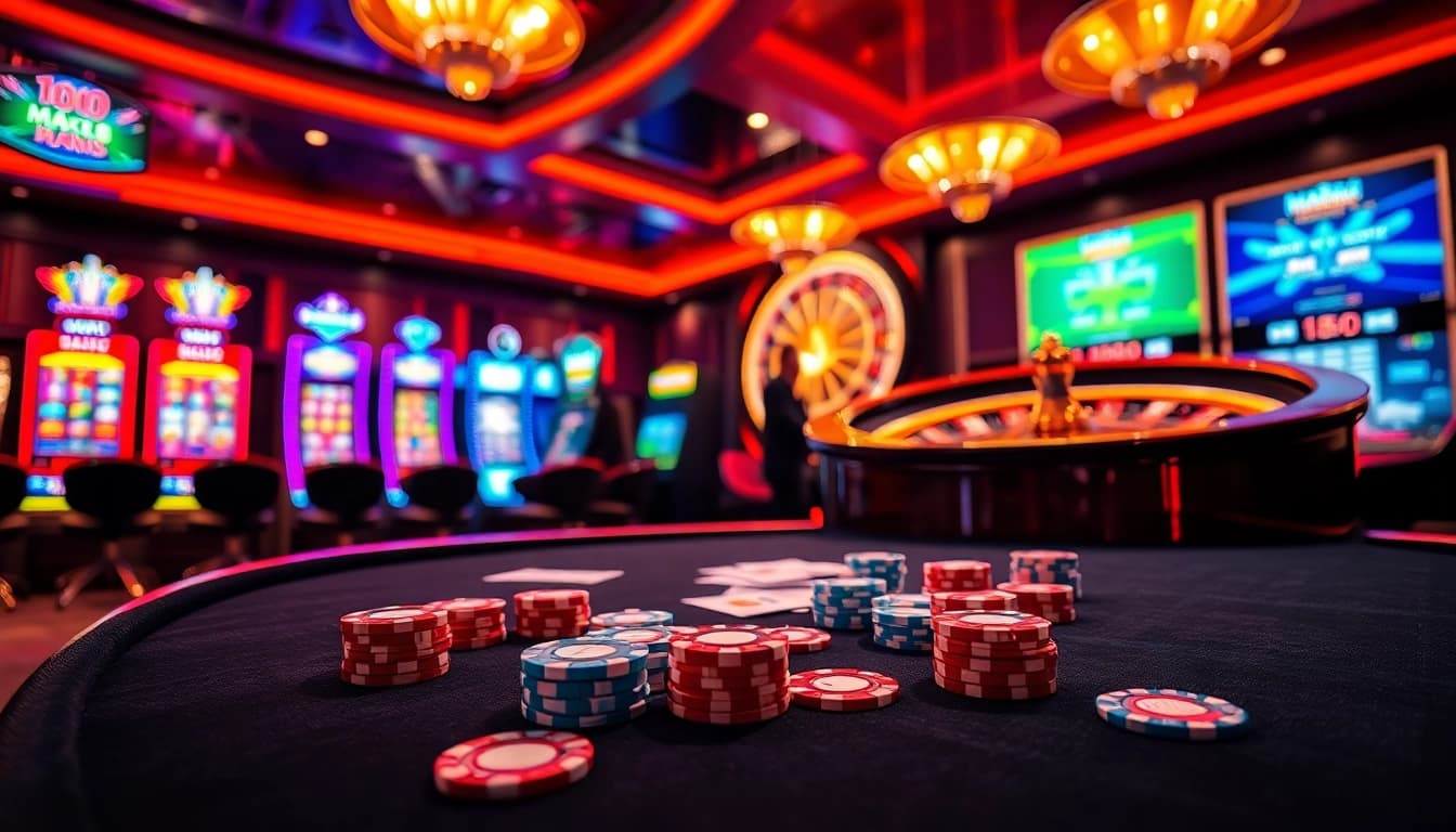 Max88 gaming scene showcasing vibrant casino excitement with tables and slot machines.