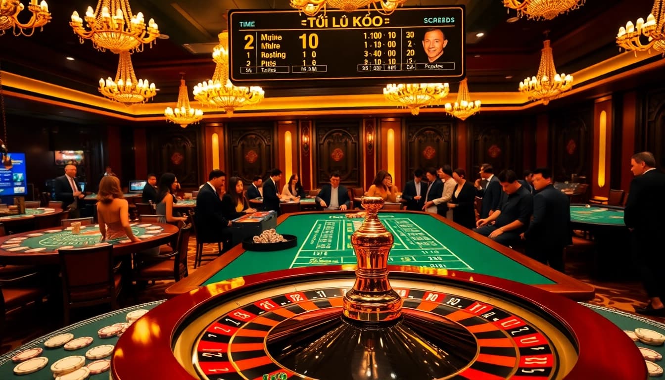 Engaging gamers study tỷ lệ kèo at a luxurious casino setting with roulette and poker.