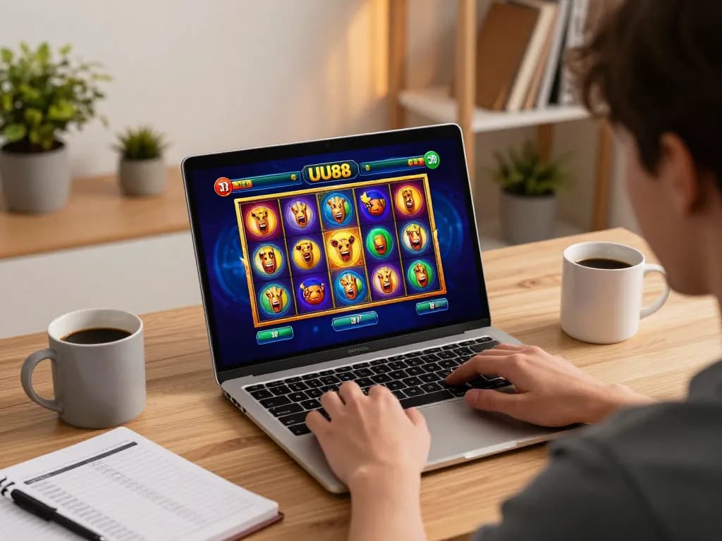 Player enjoying UU88 casino gameplay on laptop, celebrating a winning spin in a cozy home setup