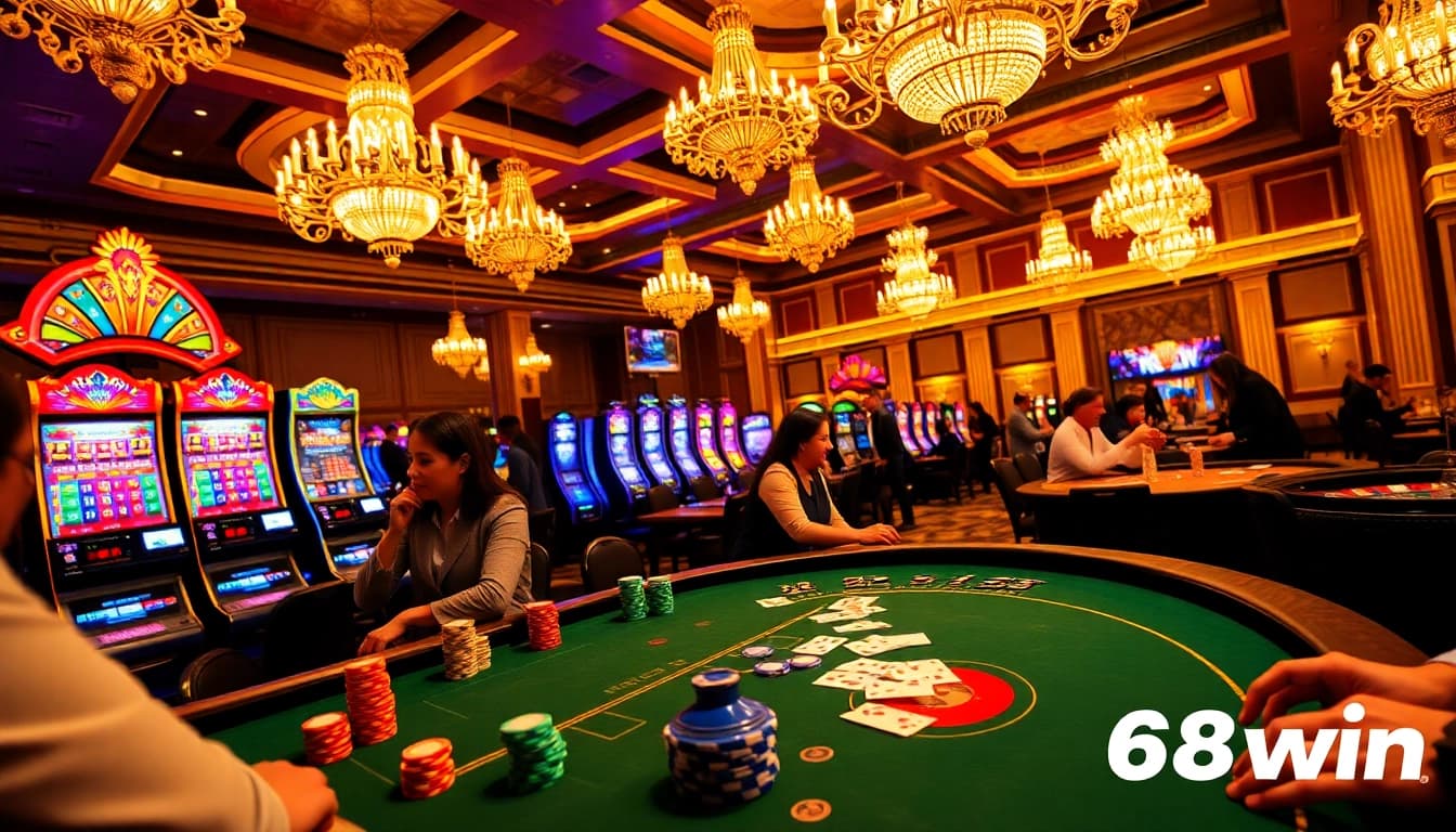 Experience the thrilling atmosphere of 68win's casino, highlighting players enjoying poker and slot games.