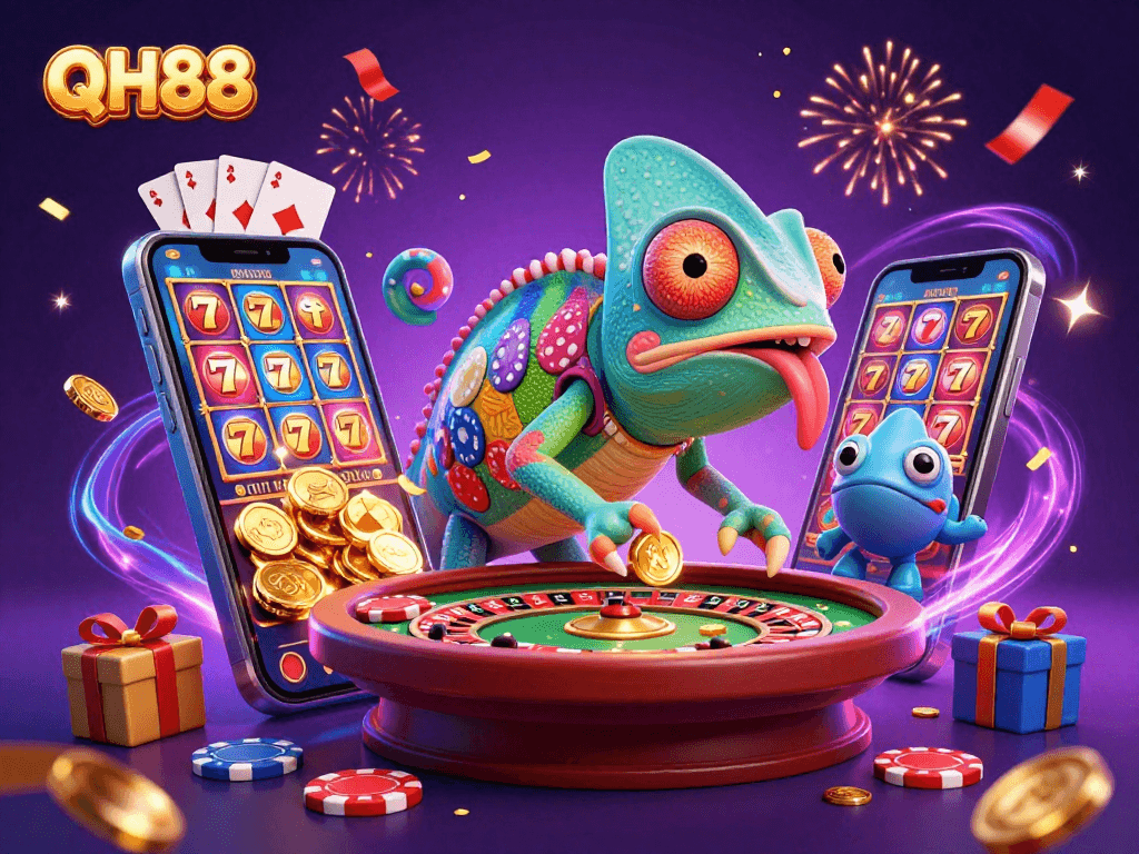 Engage in exciting gaming with QH88, featuring a chameleon casino owner, animated slot games, and vibrant confetti.