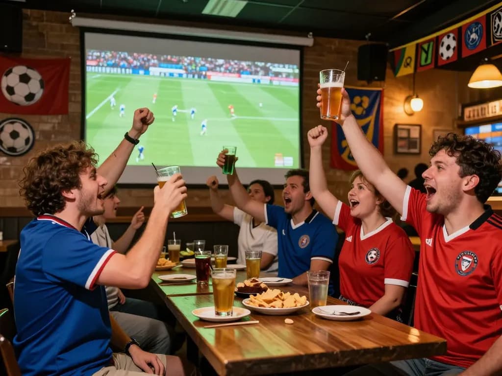 Football fans celebrating during a live match at 7M sports bar, conveying excitement and camaraderie.