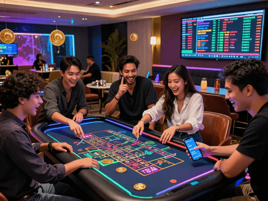 Exciting crypto casino atmosphere featuring a digital roulette table, players engaged in crypto betting, and vibrant ambiance.