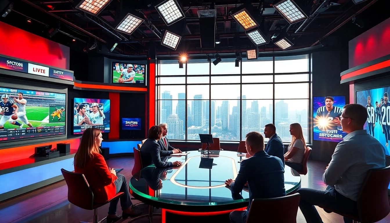 Sports Broadcasting team discussing live events in a dynamic studio setting.
