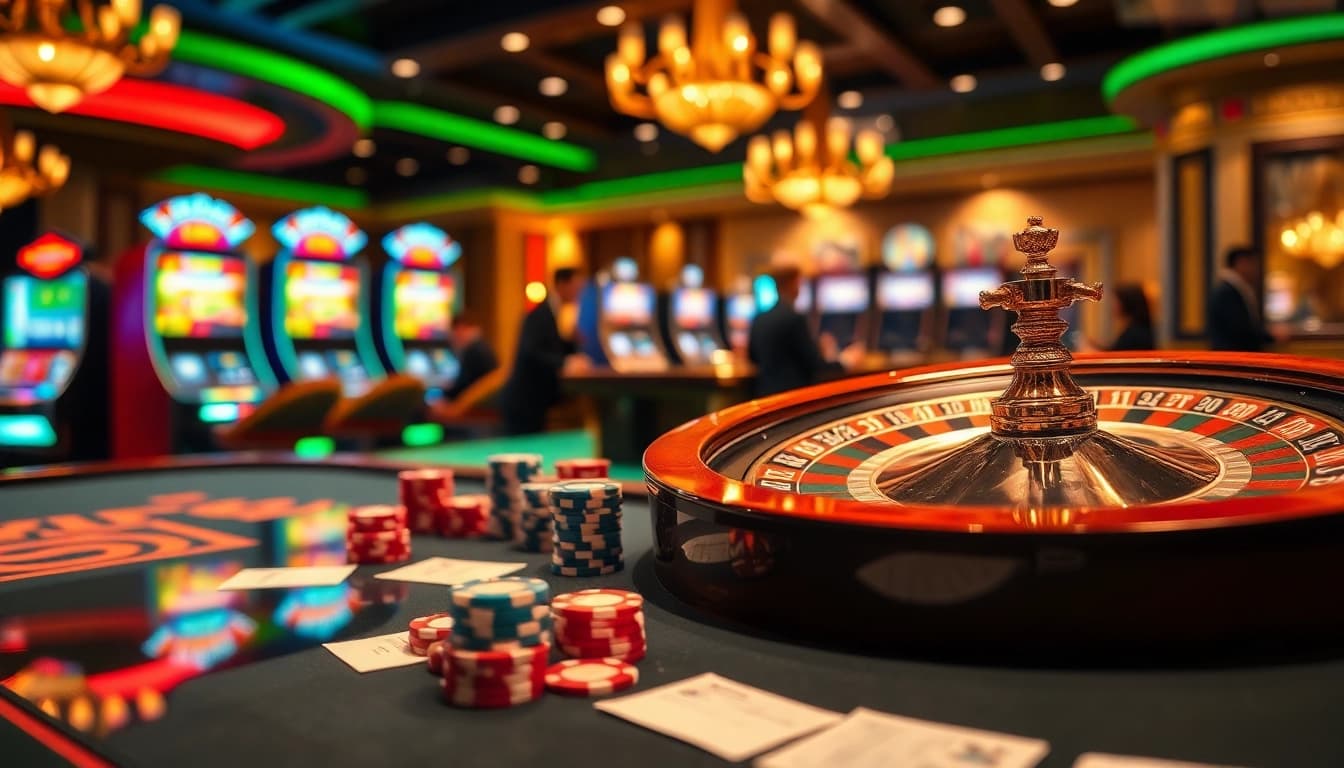 Experience the excitement of tỷ lệ nhà cái among poker chips and roulette wheels in a vibrant casino scene.