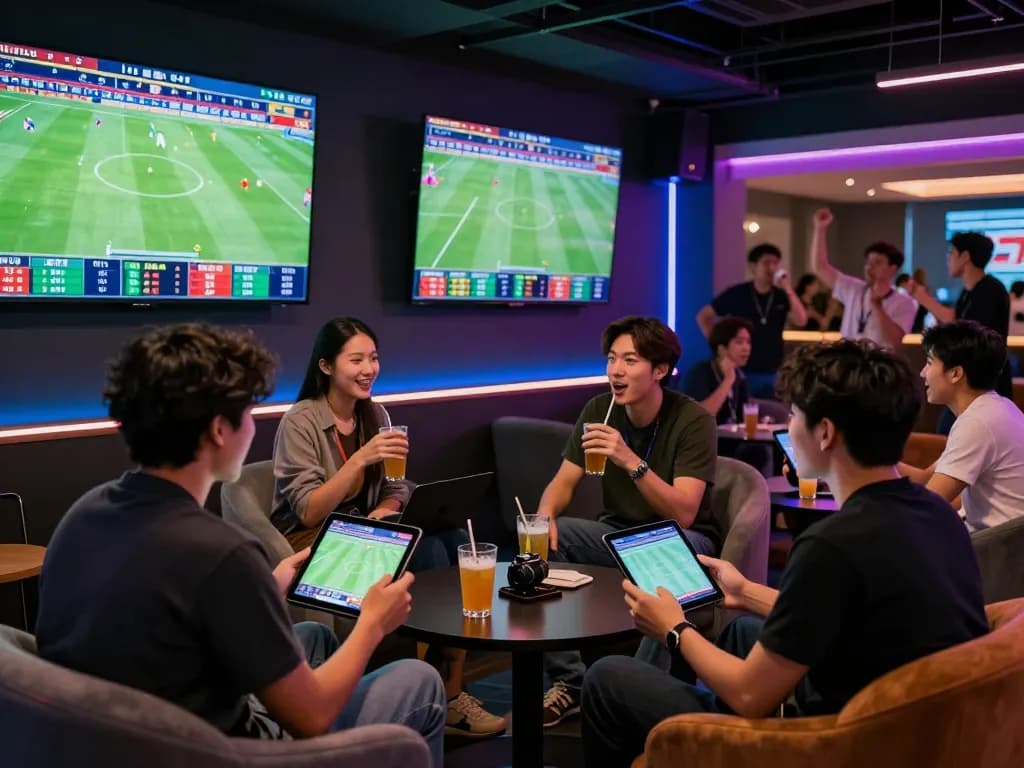 Exciting kèo nhà cái betting atmosphere in a high-tech sports lounge, fans engaging with live football matches and odds updates.