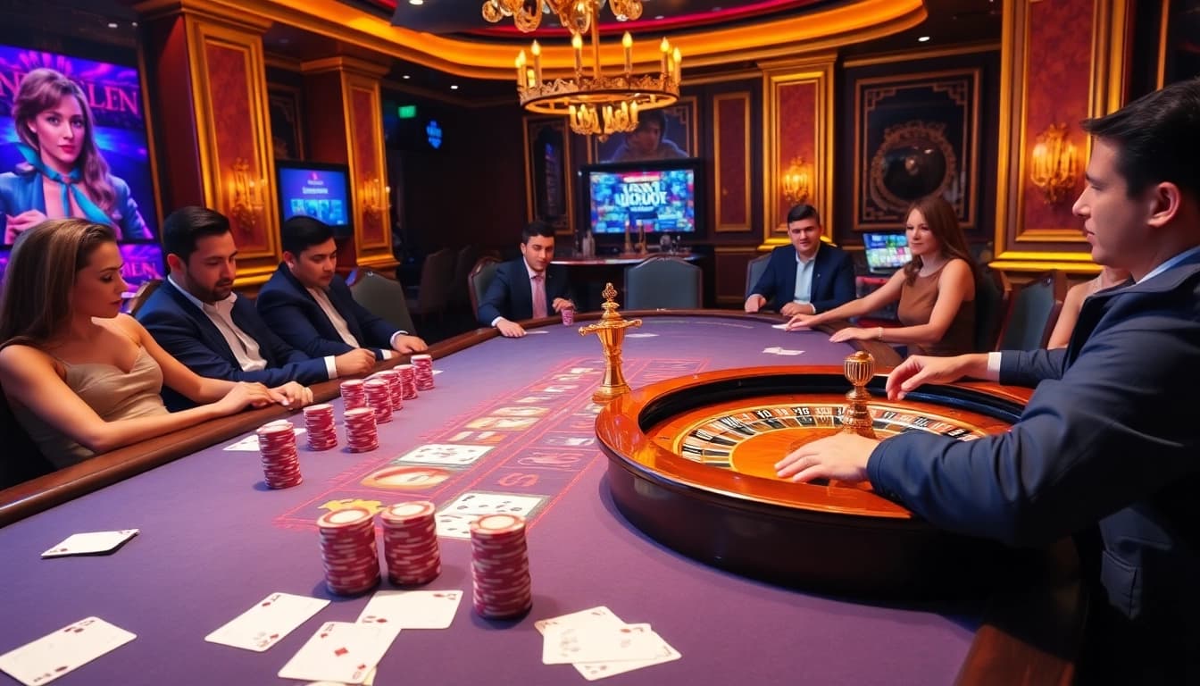 Hitclub players enjoying a thrilling casino atmosphere, with vibrant poker chips and gleaming cards.