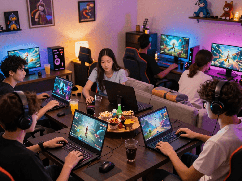 Players enjoying game sex simulations in a lively gaming lounge, vibrant atmosphere.