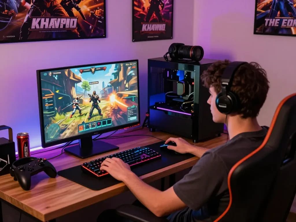 Engaged gamer playing exciting porn games on a vibrant gaming setup.