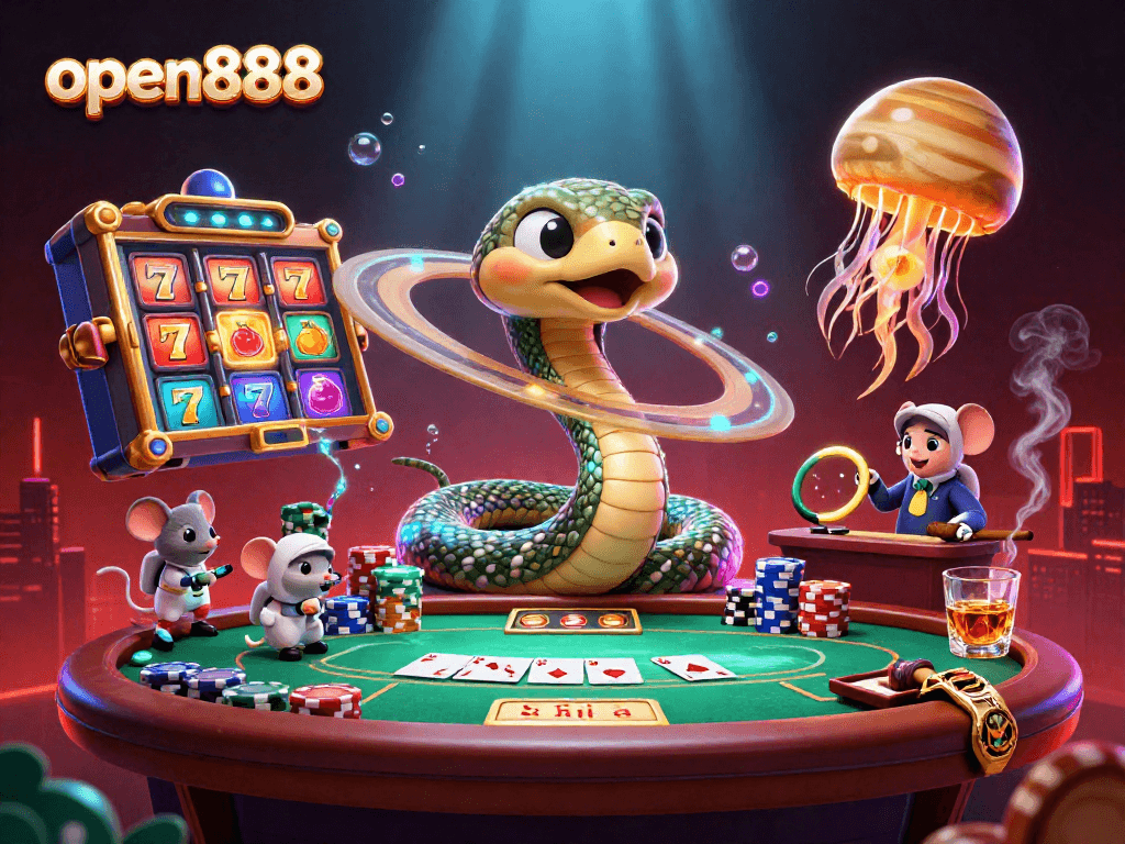 Bet on vibrant slot reels in an enchanting open888 cosmic casino scene featuring playful characters.