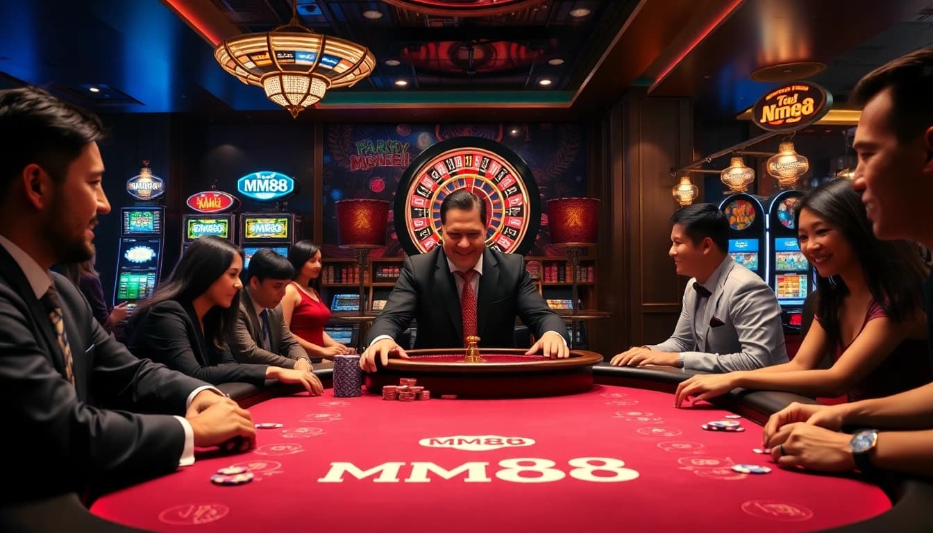 Experience high-stakes excitement at mm88's glamorous casino table with playing cards and chips.