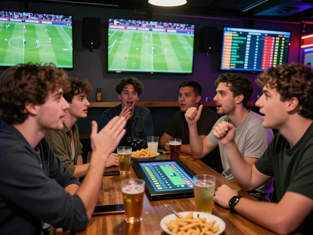 Group of friends engaging in Tỷ lệ cá cược discussions at a lively sports bar during a match.