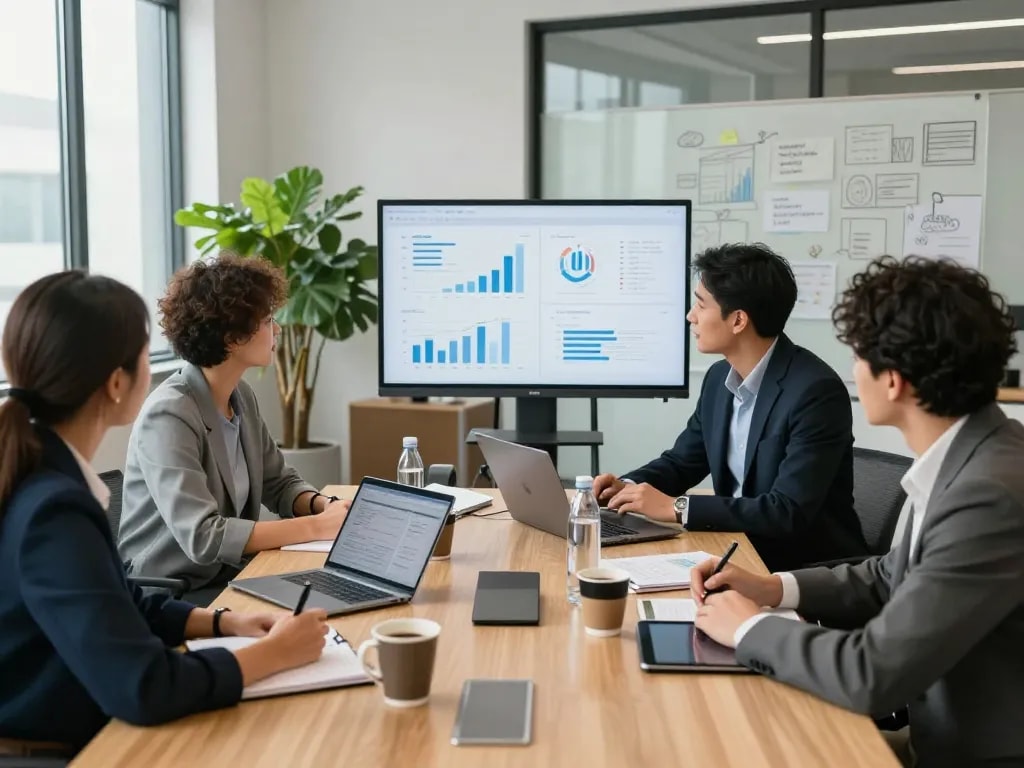 Collaborative team meeting at https://c168.date/ showcasing data presentations and teamwork in a modern office.