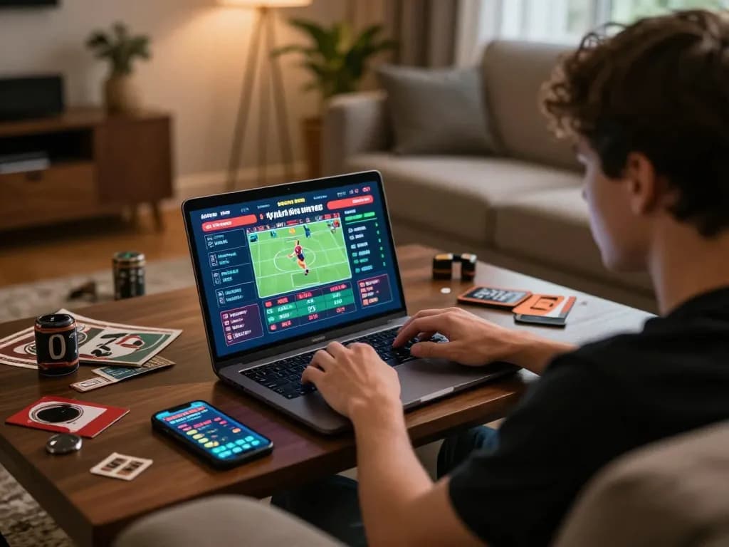Engaged player analyzing tỷ lệ kèo nhà cái on a laptop during an online sports betting session.