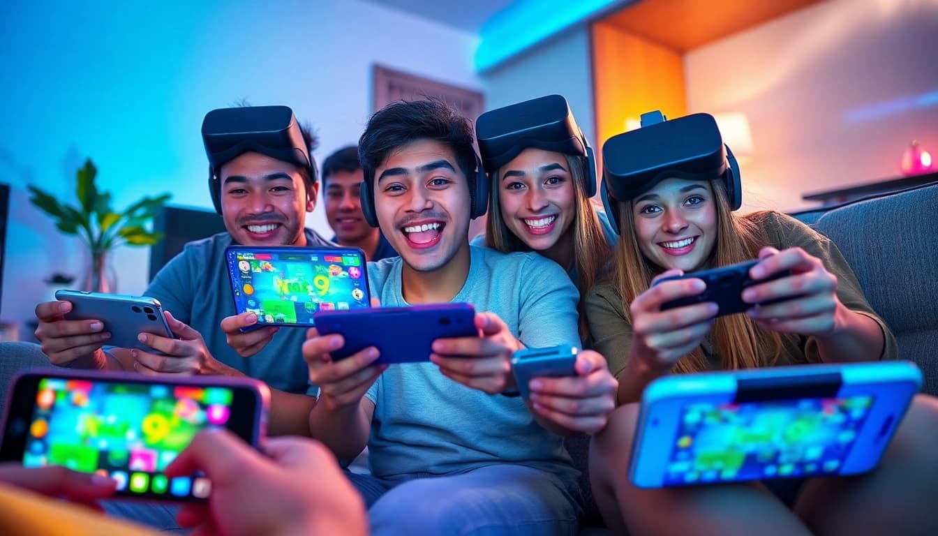 nk88 gaming scene with players enjoying vibrant online games on high-tech devices.